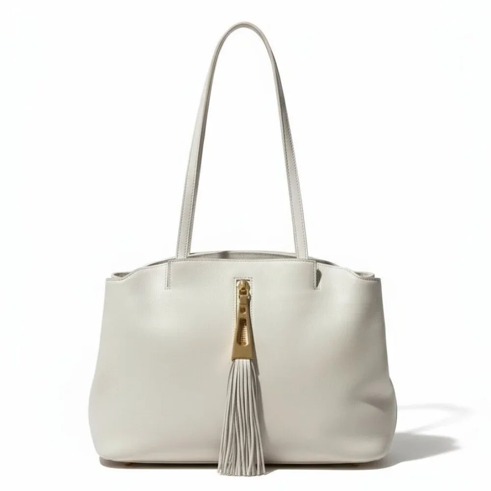 Brian Atwood White Leather Shoulder Bag Tote with Tassel